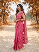 MIMOSA Pink Banarasi chiffon Saree — close up of model's face
