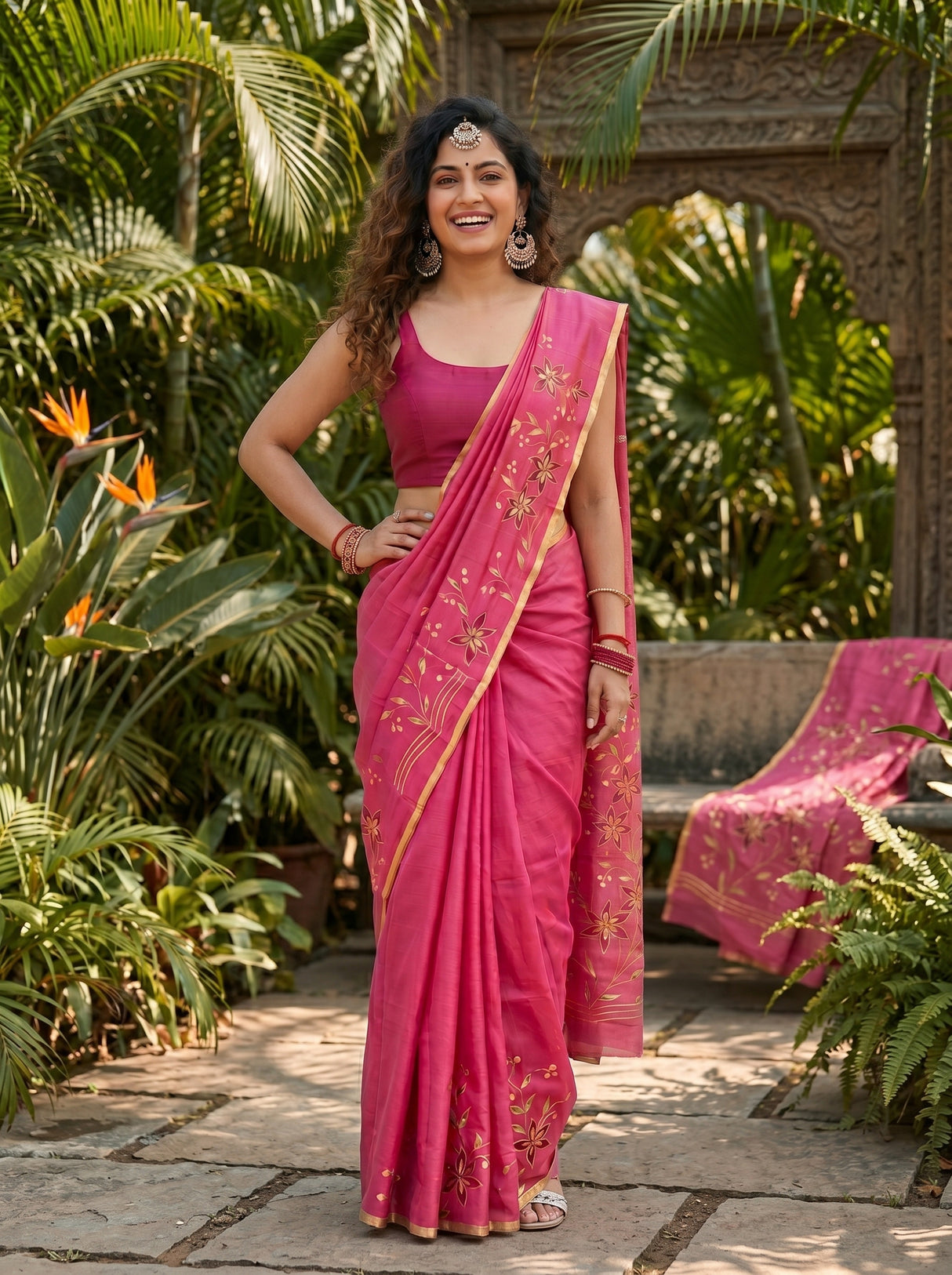 MIMOSA Pink Banarasi chiffon Saree — close up of model's hair