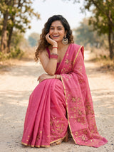MIMOSA Pink Banarasi chiffon Saree — close up of saree drape and blouse