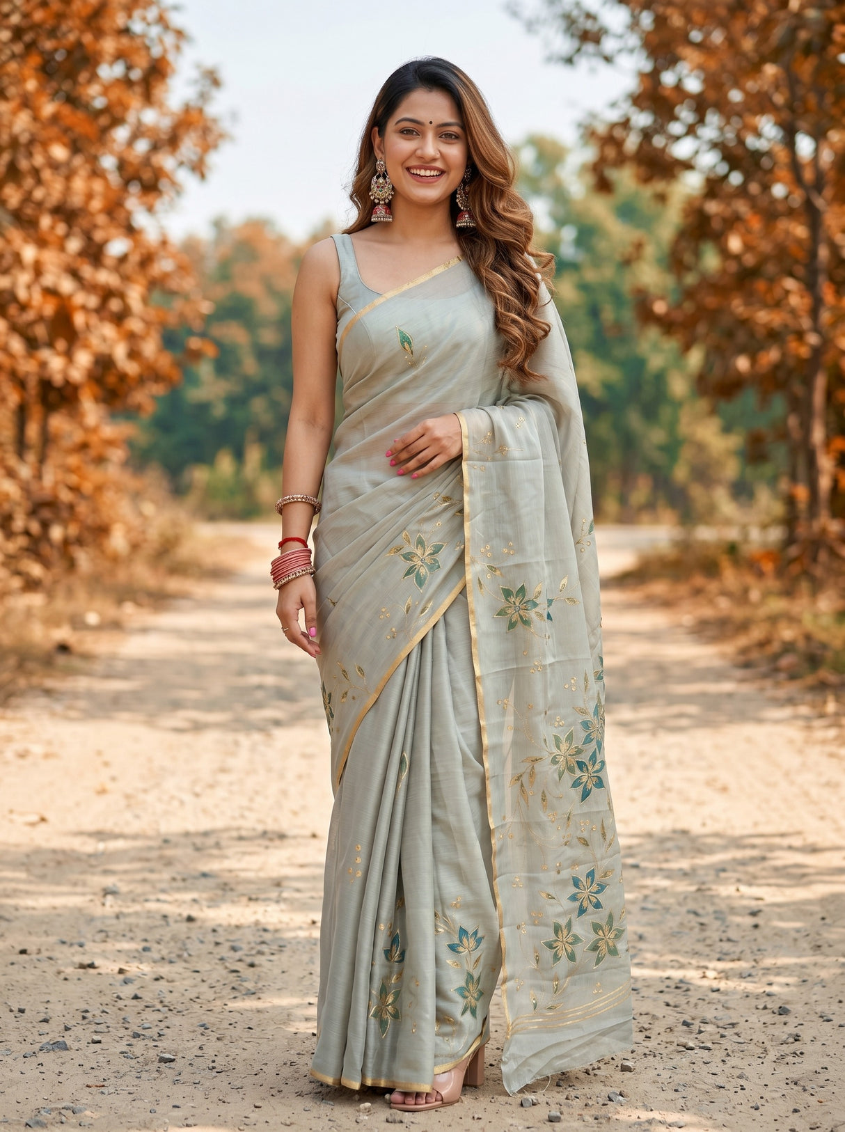 MIMOSA Pista Banarasi chiffon Saree — AI model smiling