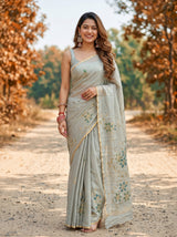 MIMOSA Pista Banarasi chiffon Saree — AI model smiling