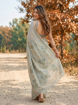 MIMOSA Pista Banarasi chiffon Saree — close up of model's face
