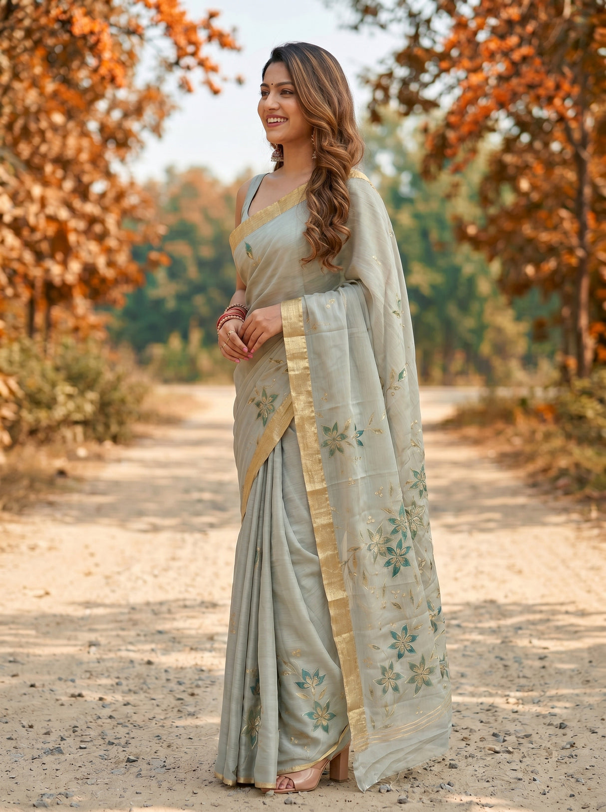 MIMOSA Pista Banarasi chiffon Saree — close up of model's hair