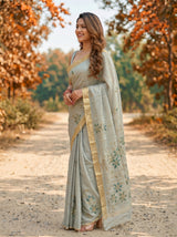 MIMOSA Pista Banarasi chiffon Saree — close up of model's hair