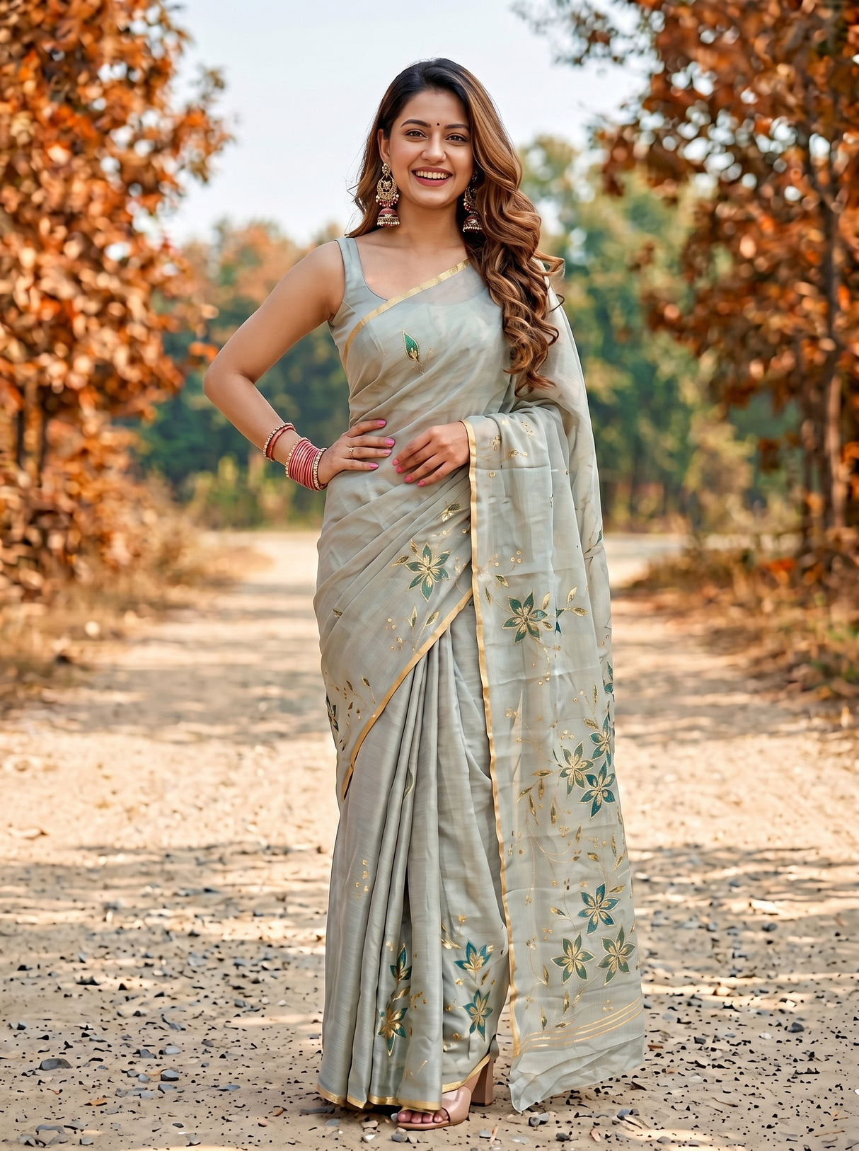 MIMOSA Pista Banarasi chiffon Saree — close up of model's arm and bangles
