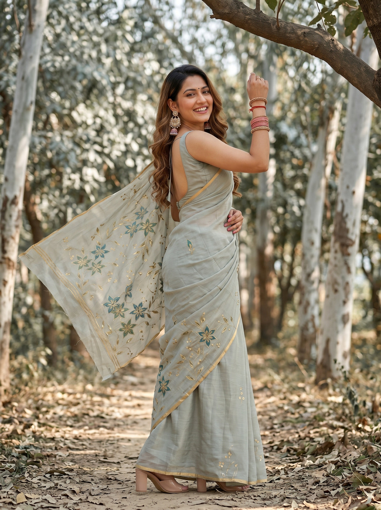 MIMOSA Pista Banarasi chiffon Saree — close up of saree drape and blouse