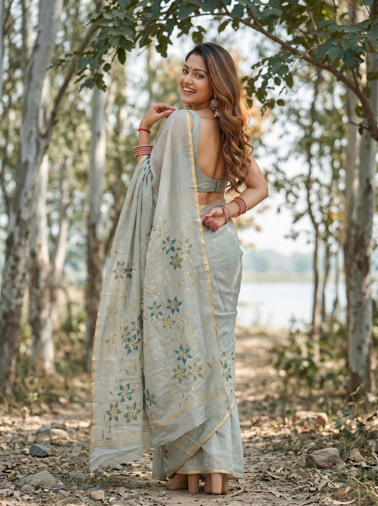 MIMOSA Pista Banarasi chiffon Saree — lower half of saree and ground
