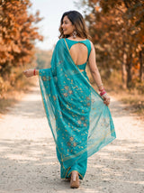 MIMOSA Rama Banarasi chiffon Saree — close up of model's face