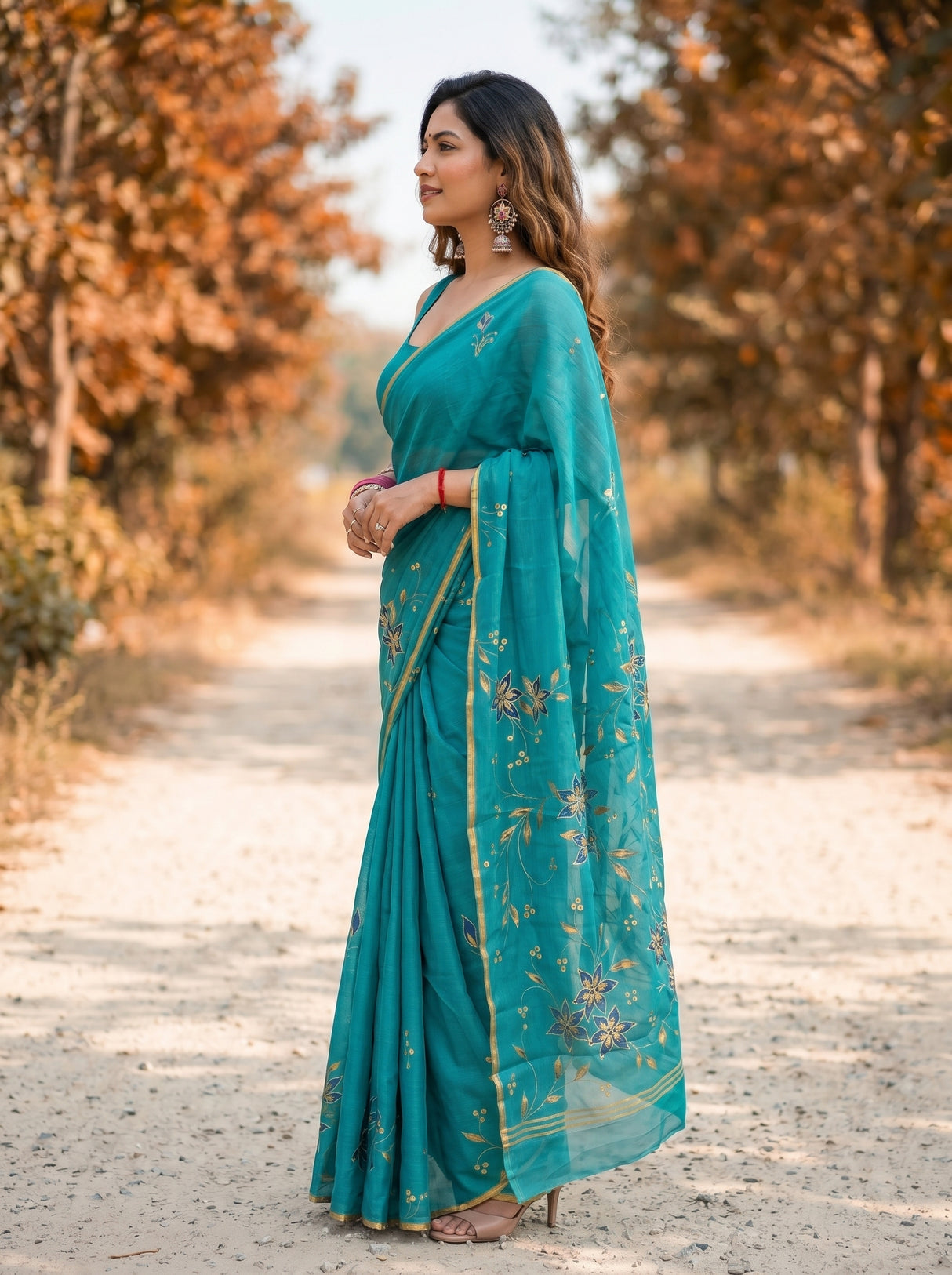 MIMOSA Rama Banarasi chiffon Saree — close up of model's hair