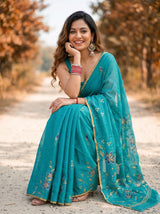 MIMOSA Rama Banarasi chiffon Saree — close up of pallu motif