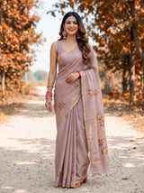 MIMOSA Tussar Banarasi chiffon Saree — AI model smiling