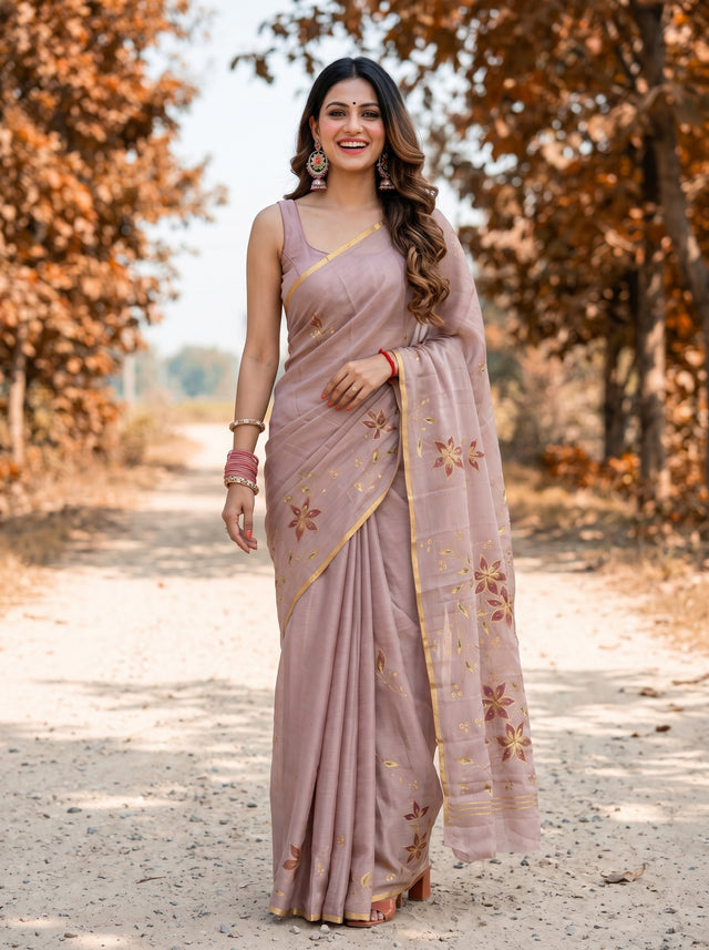 MIMOSA Tussar Banarasi chiffon Saree — AI model smiling