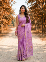MIMOSA Violet Banarasi chiffon Saree — AI model smiling