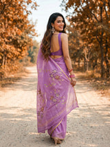 MIMOSA Violet Banarasi chiffon Saree — close up of model's face