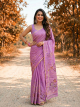 MIMOSA Violet Banarasi chiffon Saree — close up of model's hair