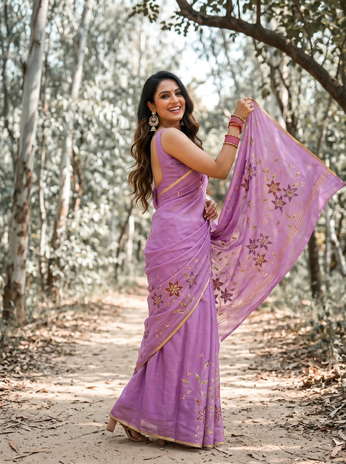 MIMOSA Violet Banarasi chiffon Saree — close up of model's arm and bangles