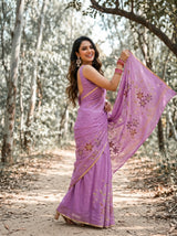 MIMOSA Violet Banarasi chiffon Saree — close up of model's arm and bangles