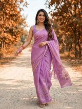MIMOSA Violet Banarasi chiffon Saree — close up of saree drape and blouse