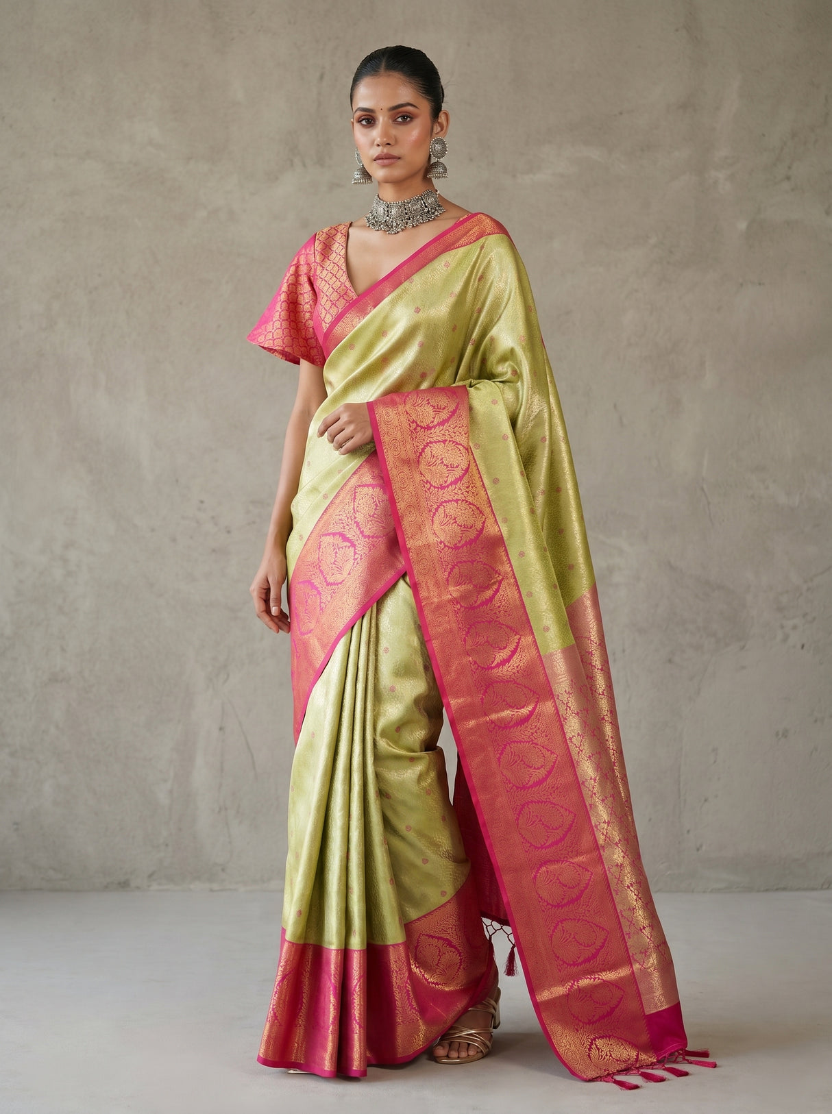 MIMOSA Olive Kanjivaram Art Silk Saree — Full View on Model