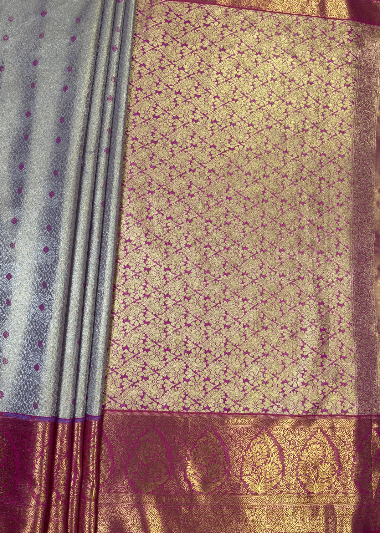 MIMOSA Violet Kanjivaram Art Silk Saree — pallu and zari work detail