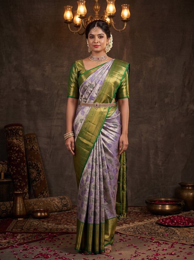 MIMOSA Purple Kanjivaram Art Silk Saree — AI Model lifestyle pose 1