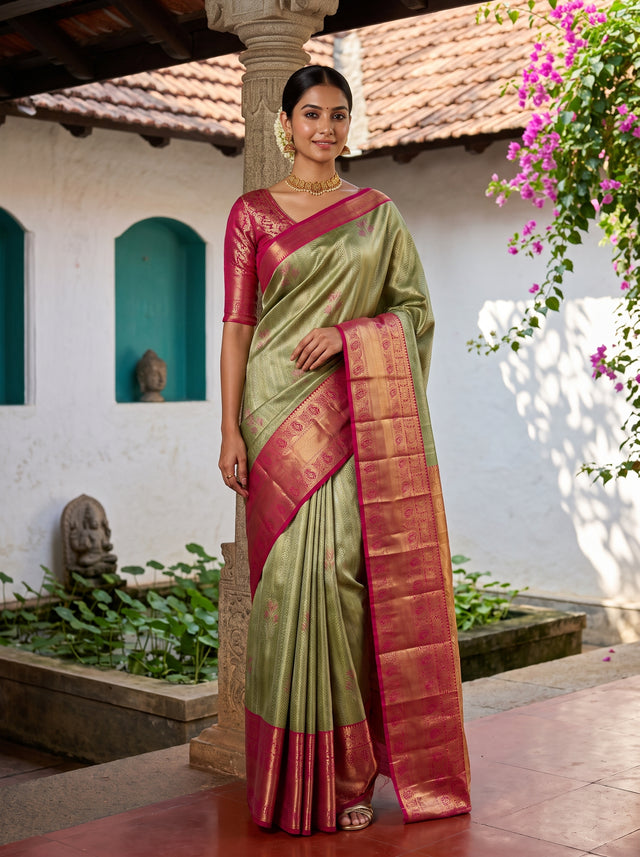 MIMOSA Green Saree Saree — front view on mannequin