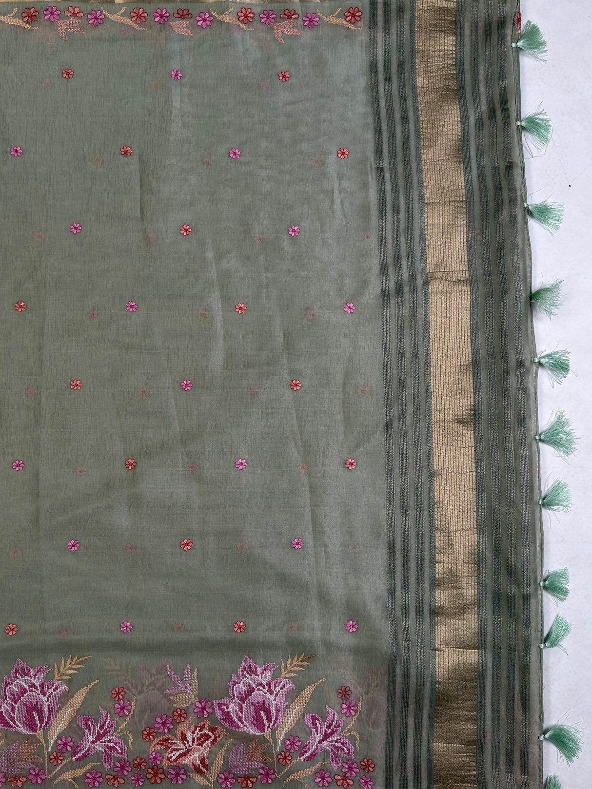 MIMOSA Pista Saree Saree — pallu and zari work detail