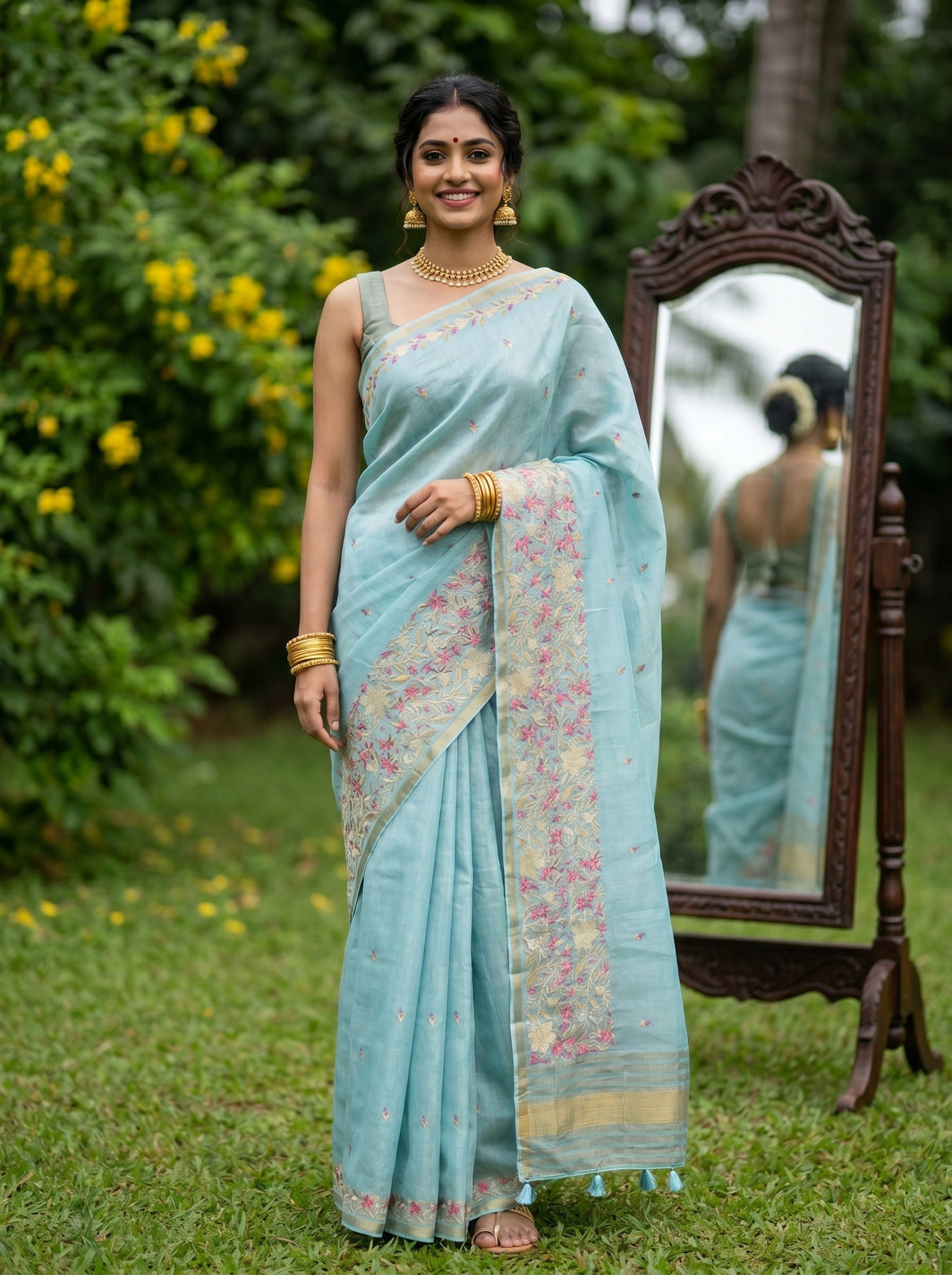MIMOSA Ananda Banarasi Art Silk Saree — Model posing outdoors