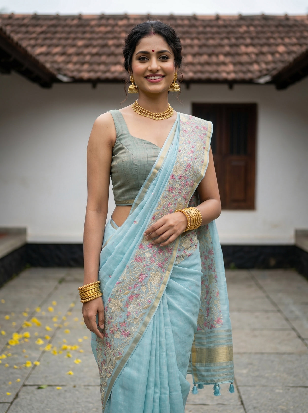 MIMOSA Ananda Banarasi Art Silk Saree — Grass close-up