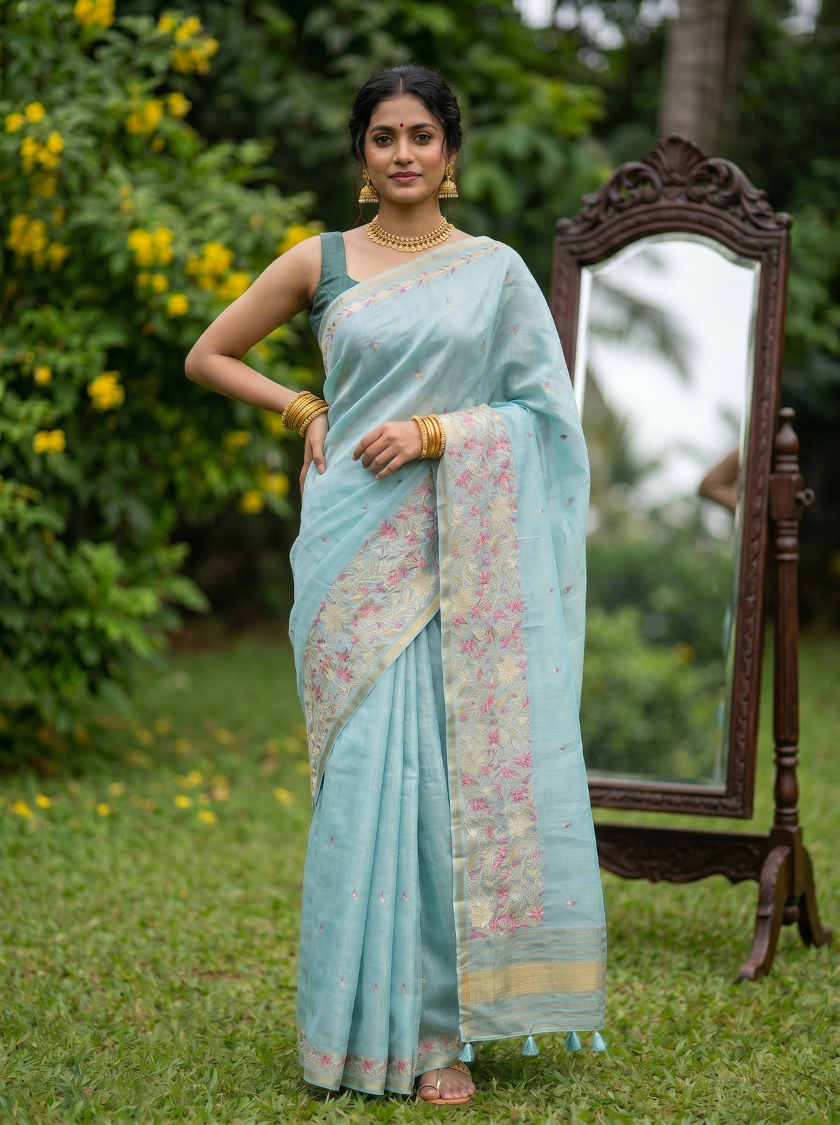 MIMOSA Ananda Banarasi Art Silk Saree — Model's hand with bangles
