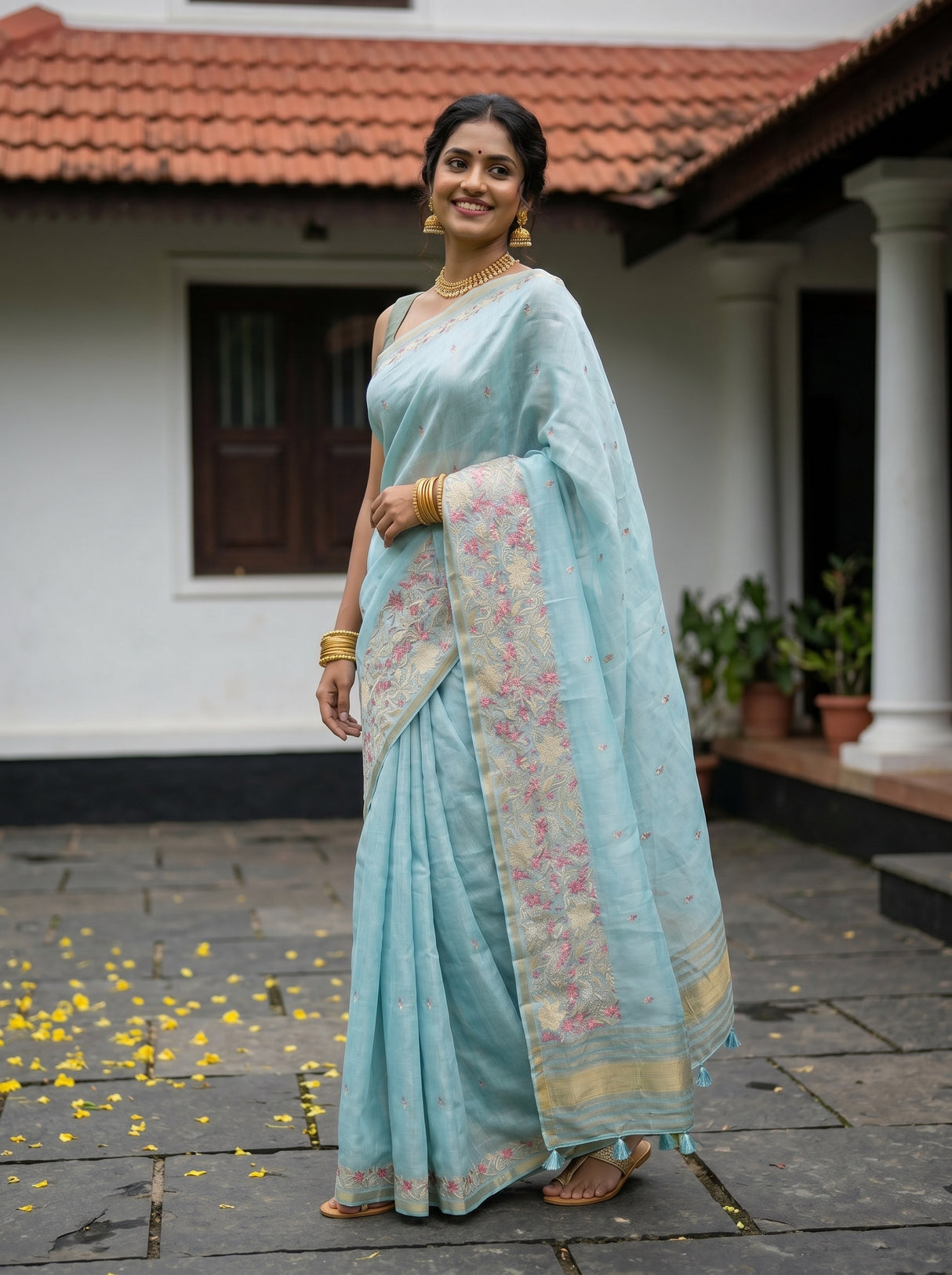 MIMOSA Ananda Banarasi Art Silk Saree — Saree drape and embroidery detail