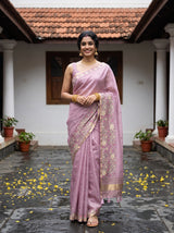 MIMOSA Pink Banarasi Art Silk Saree — Model posing outdoors