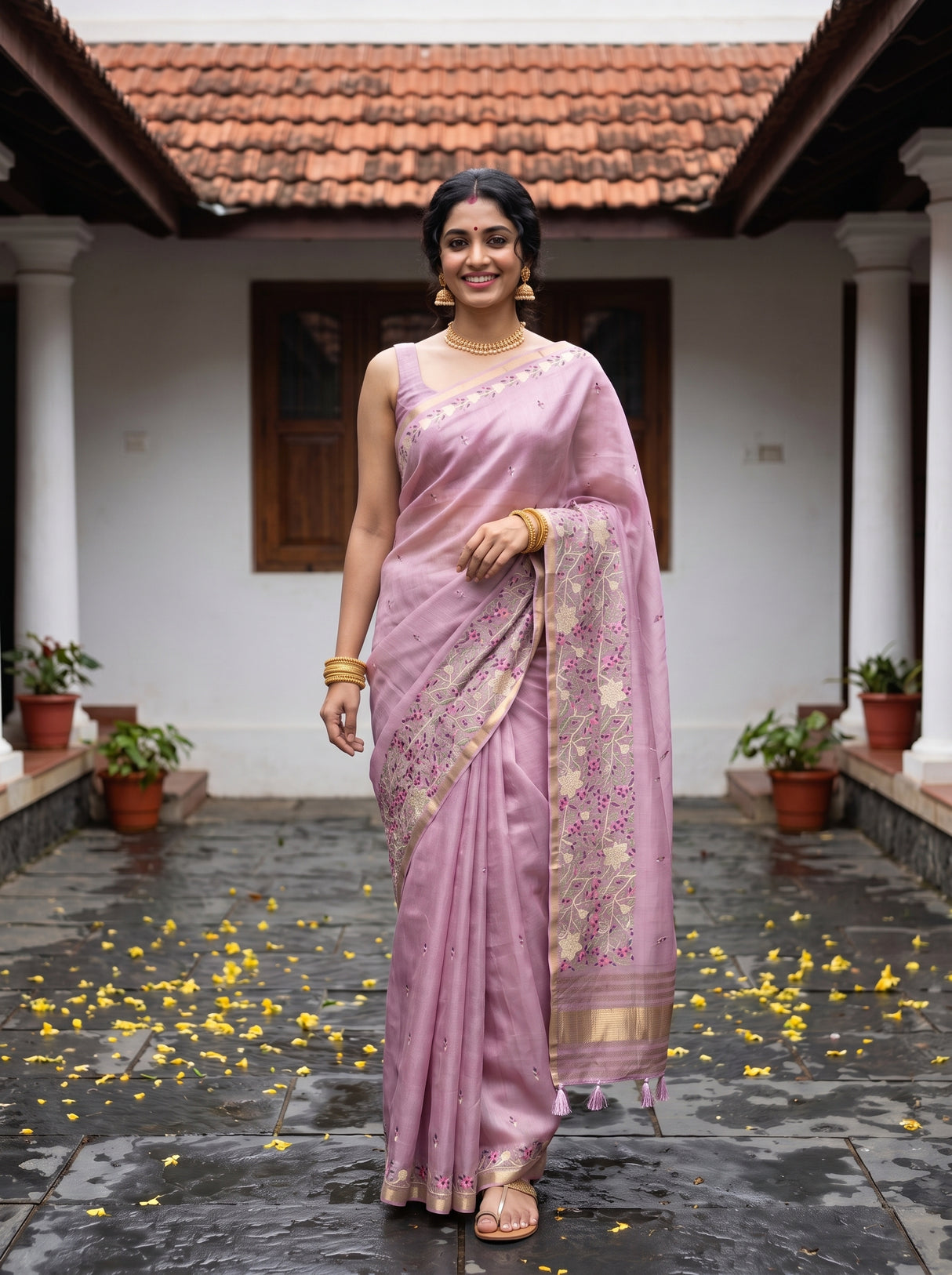 MIMOSA Pink Banarasi Art Silk Saree — Grass close-up