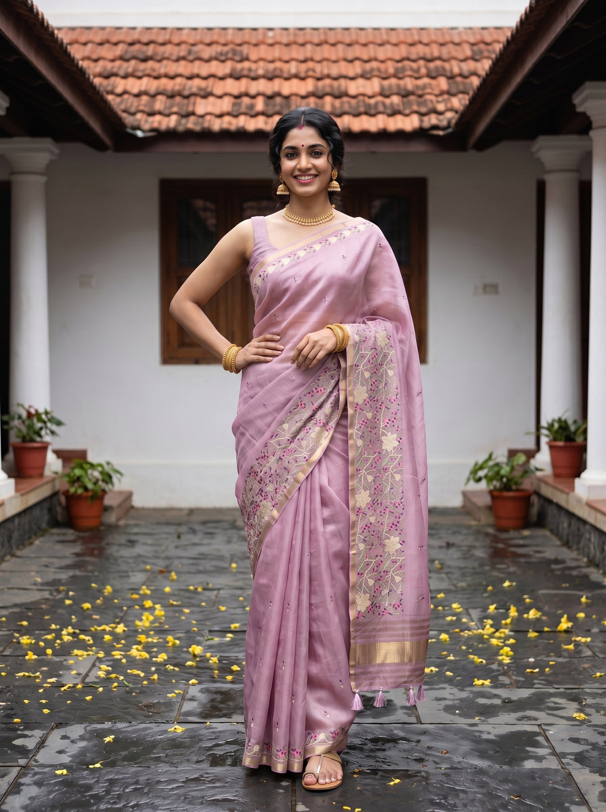 MIMOSA Pink Banarasi Art Silk Saree — Model's hand with bangles