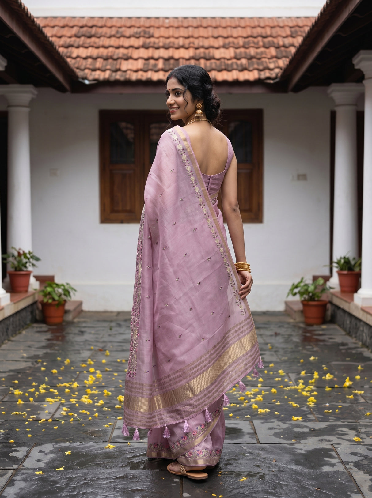 MIMOSA Pink Banarasi Art Silk Saree — Saree border and grass
