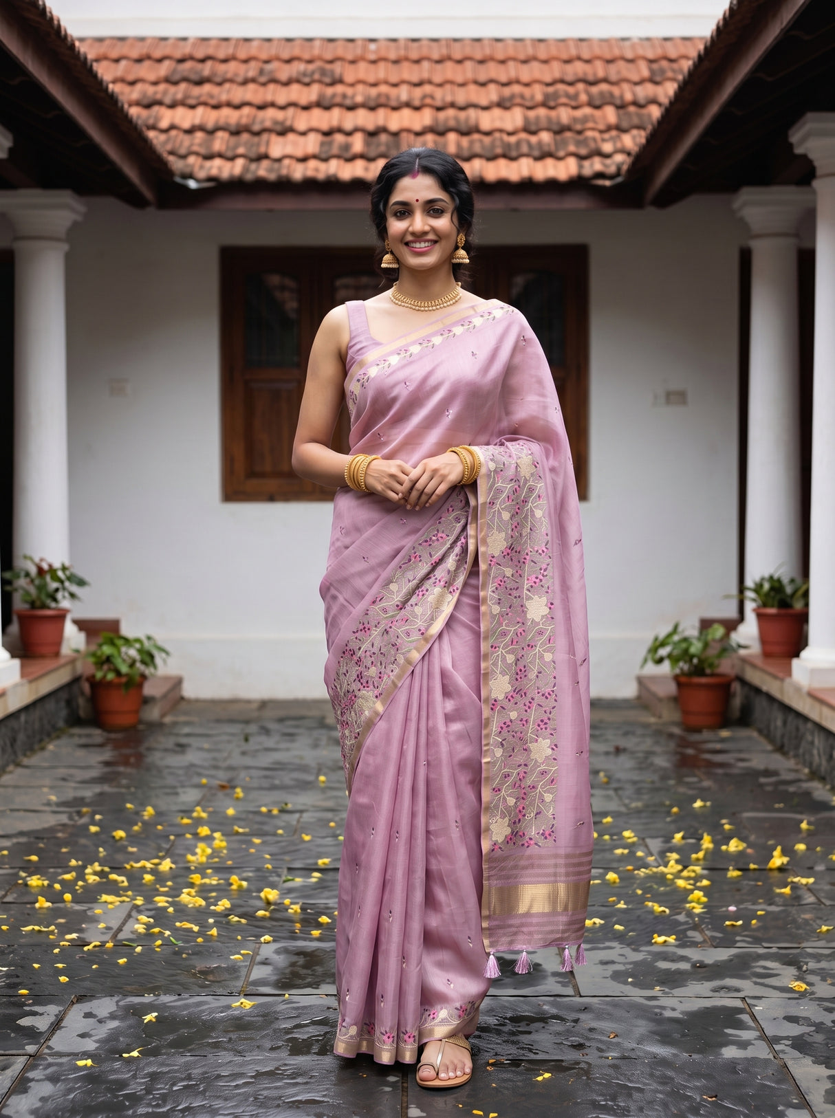 MIMOSA Pink Banarasi Art Silk Saree — Saree pallu and mirror reflection