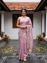 MIMOSA Pink Banarasi Art Silk Saree — Saree pallu and mirror reflection