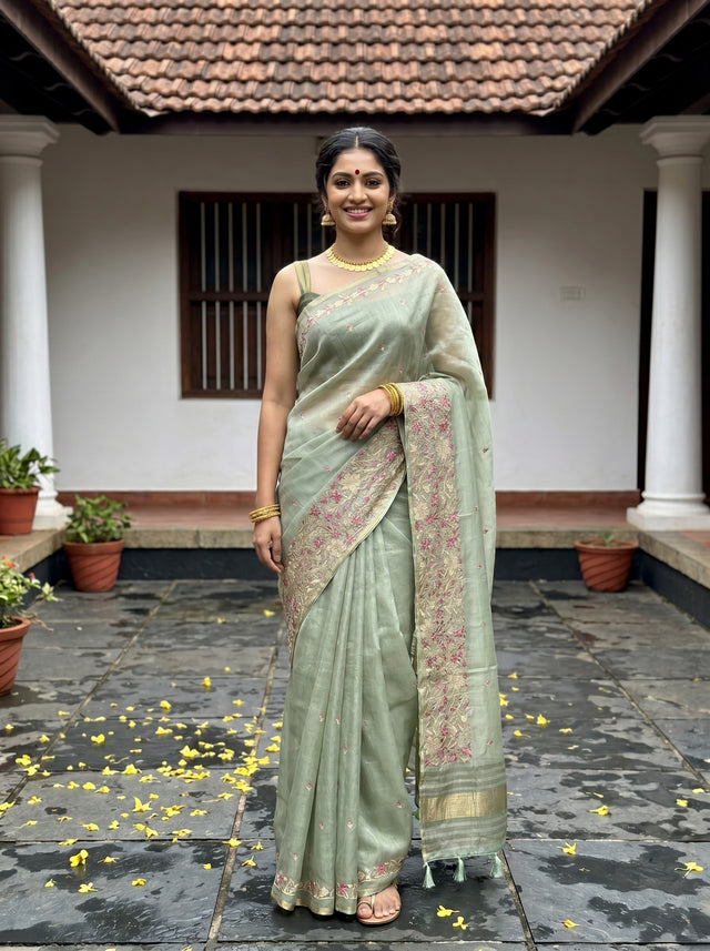 MIMOSA Pista Banarasi Art Silk Saree — Model posing outdoors