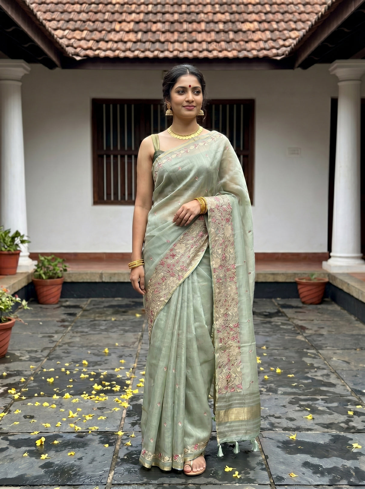 MIMOSA Pista Banarasi Art Silk Saree — Grass close-up