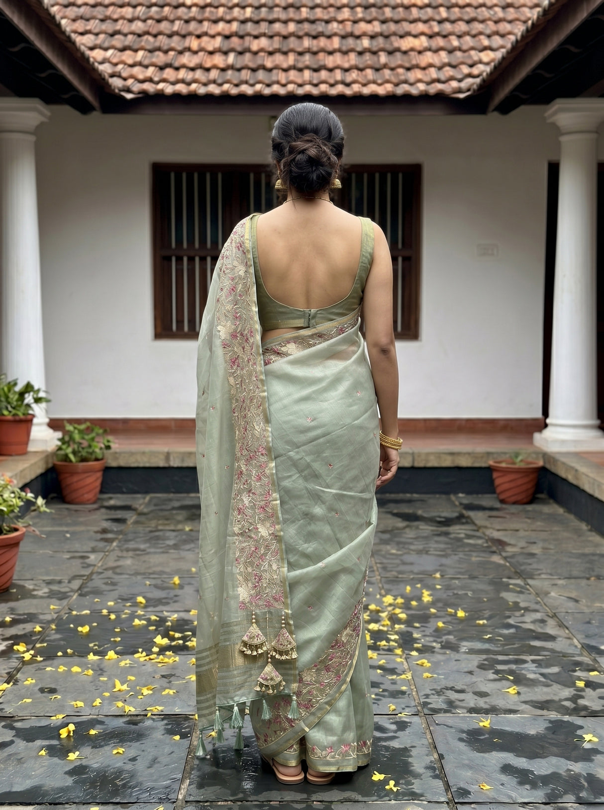MIMOSA Pista Banarasi Art Silk Saree — Close-up of model's face