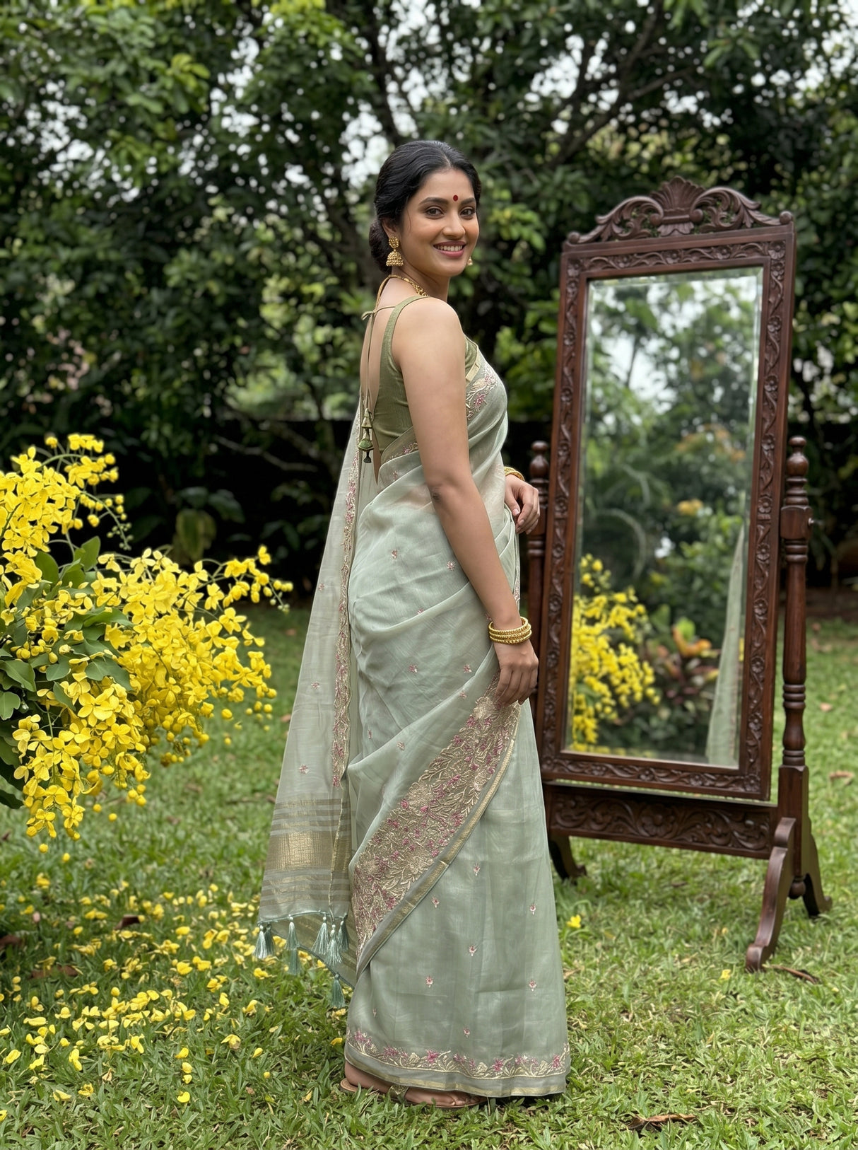 MIMOSA Pista Banarasi Art Silk Saree — Saree drape and embroidery detail
