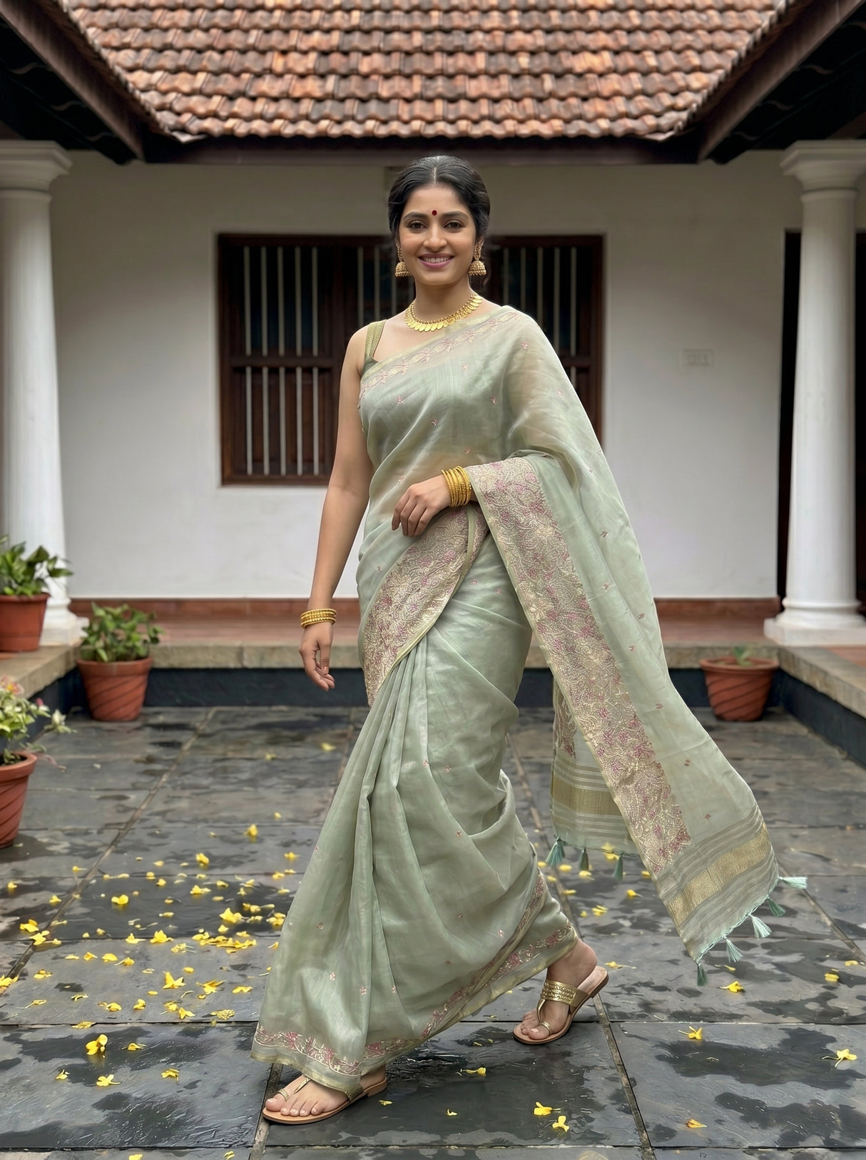 MIMOSA Pista Banarasi Art Silk Saree — Back view reflected in mirror