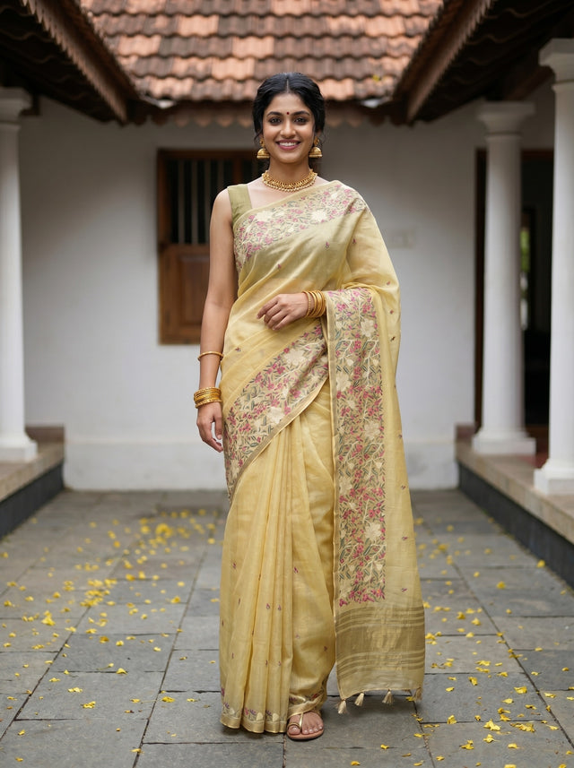 MIMOSA Yellow Banarasi Art Silk Saree — Model posing outdoors