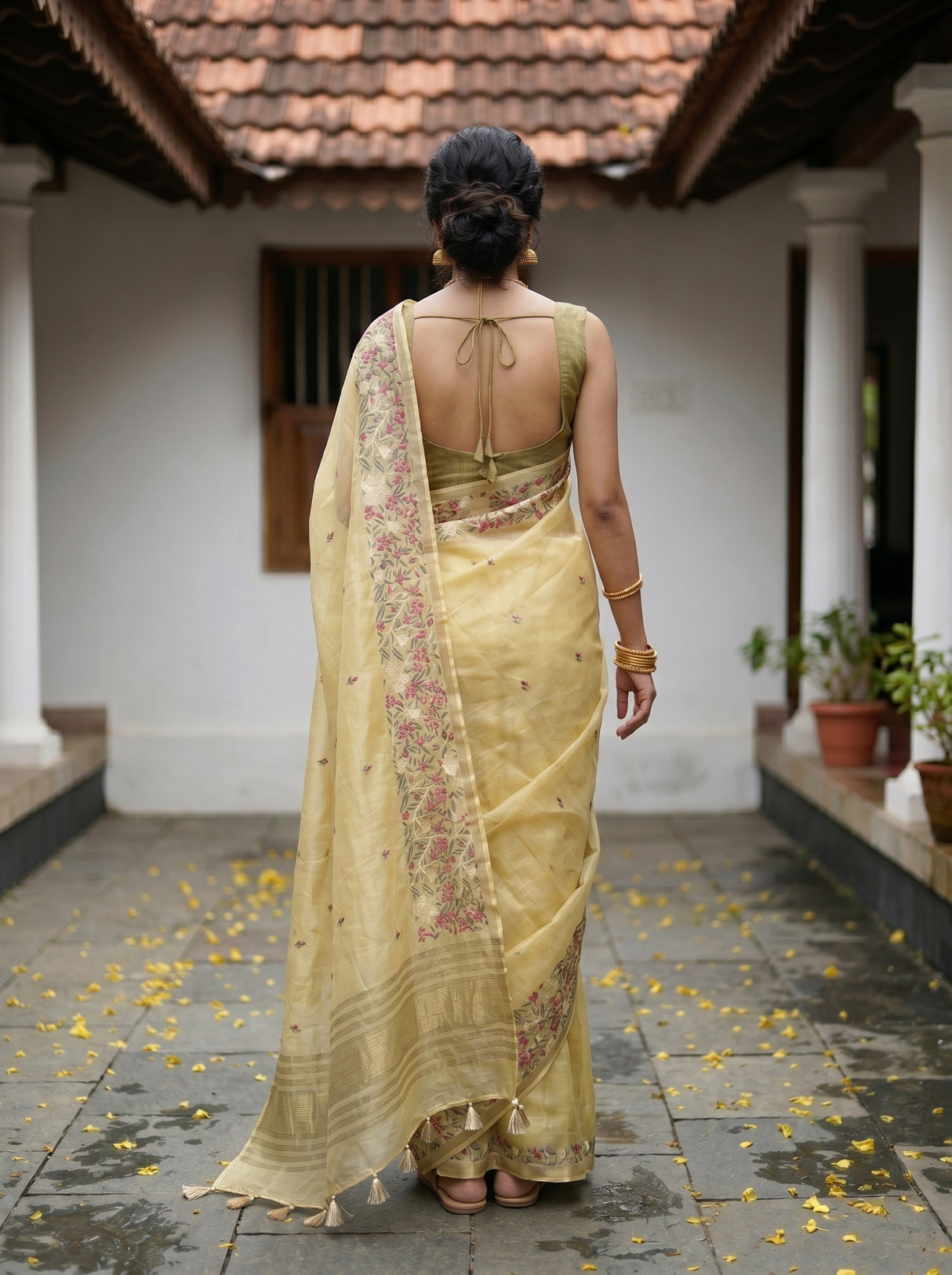 MIMOSA Yellow Banarasi Art Silk Saree — Close-up of model's face
