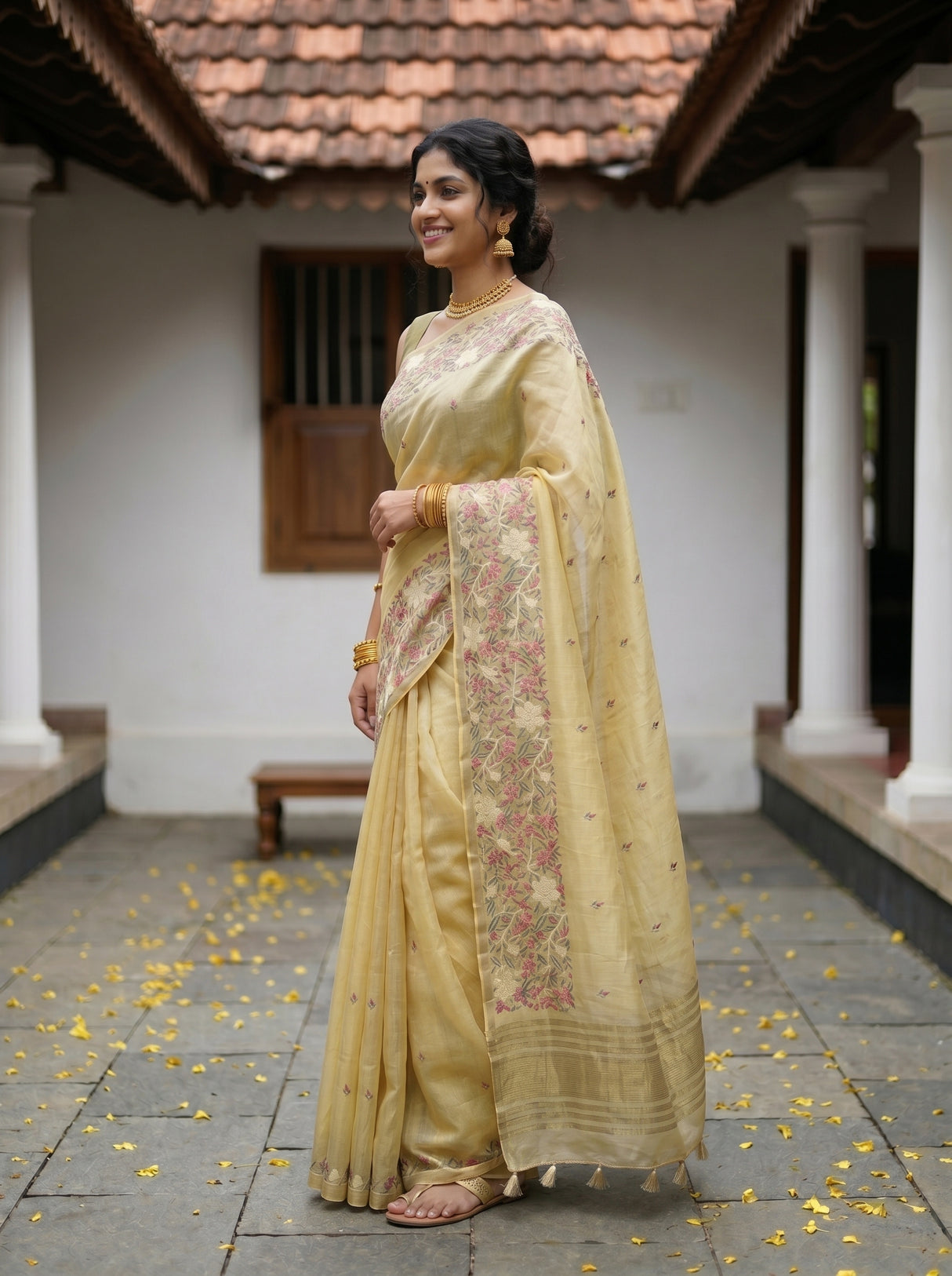 MIMOSA Yellow Banarasi Art Silk Saree — Side view with mirror