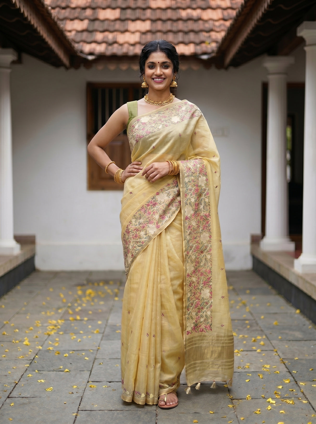MIMOSA Yellow Banarasi Art Silk Saree — Model's hand with bangles