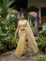MIMOSA Yellow Banarasi Art Silk Saree — Back view reflected in mirror