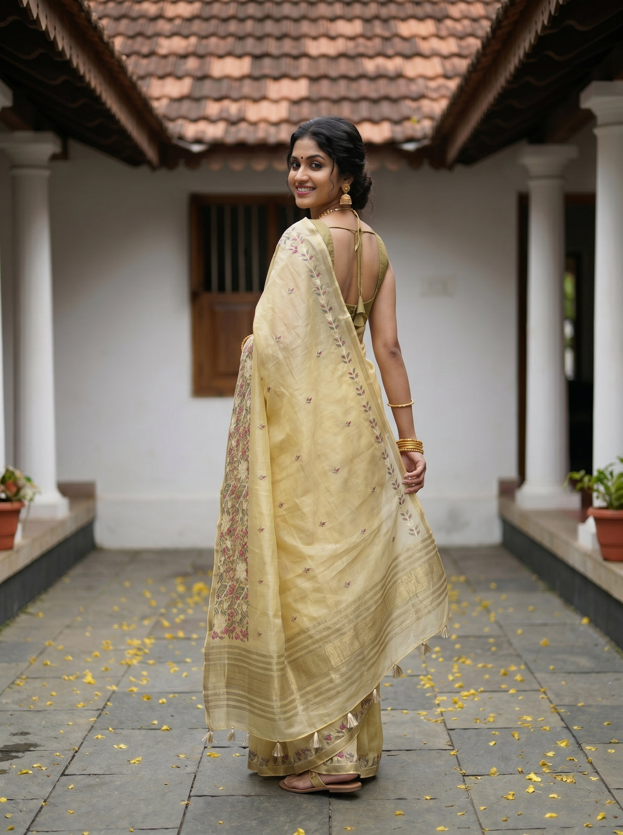 MIMOSA Yellow Banarasi Art Silk Saree — Saree border and grass