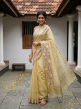 MIMOSA Yellow Banarasi Art Silk Saree — Saree pallu and mirror reflection
