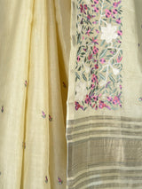 MIMOSA Yellow Banarasi Art Silk Saree — Saree pallu, tassels, and feet